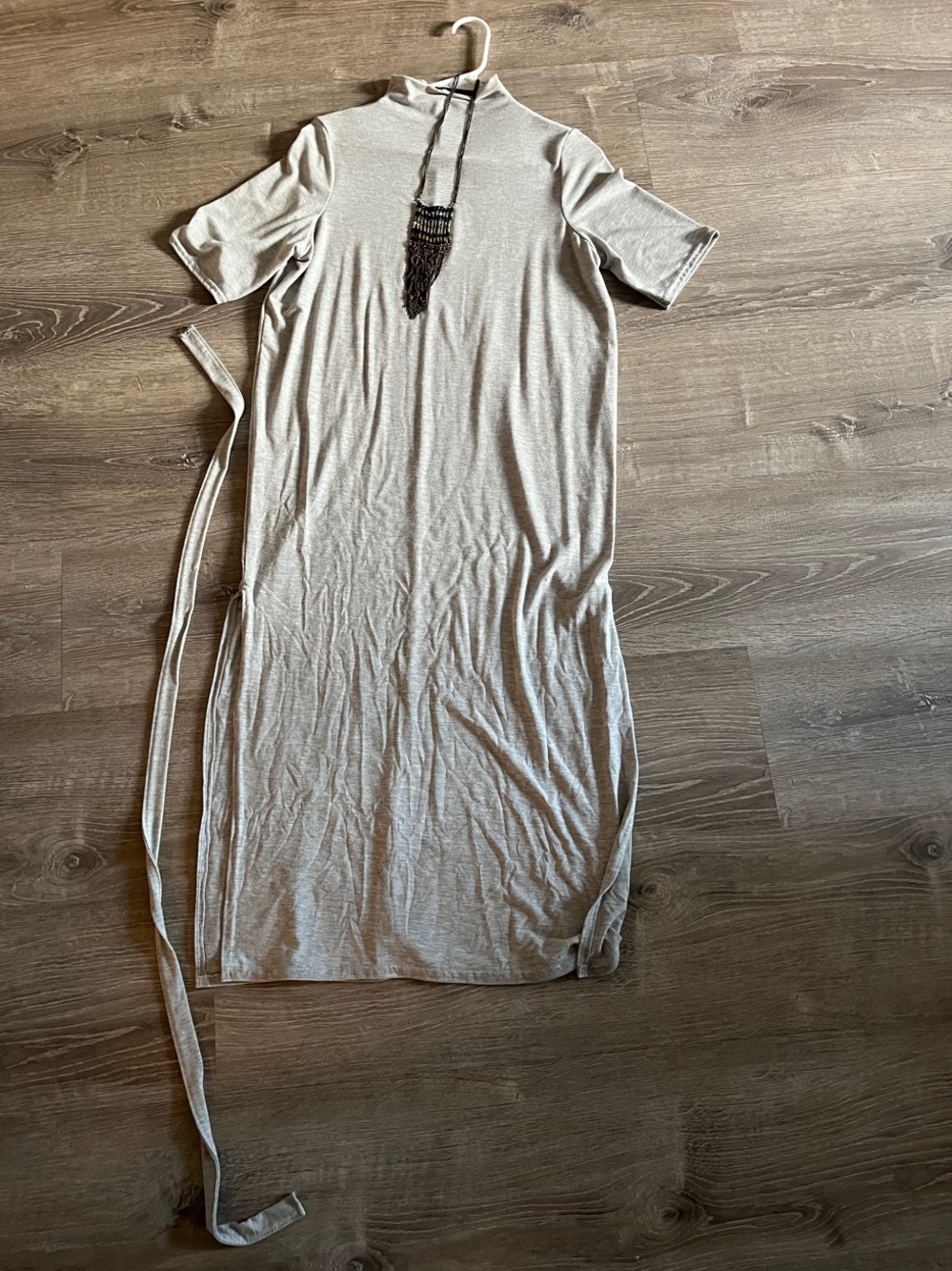 Nasty Gal Light Gray Short-Sleeve Turtleneck Maxi Dress with Tie